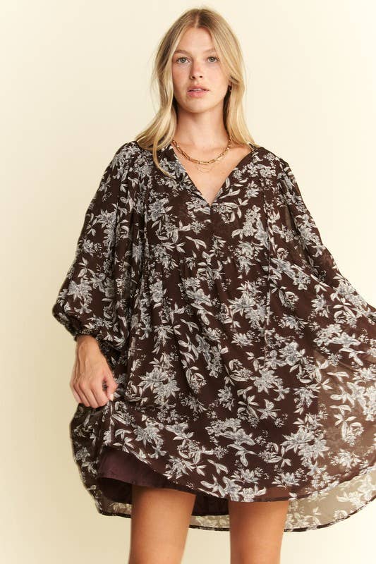 Fall Florals Babydoll Dress / Brown