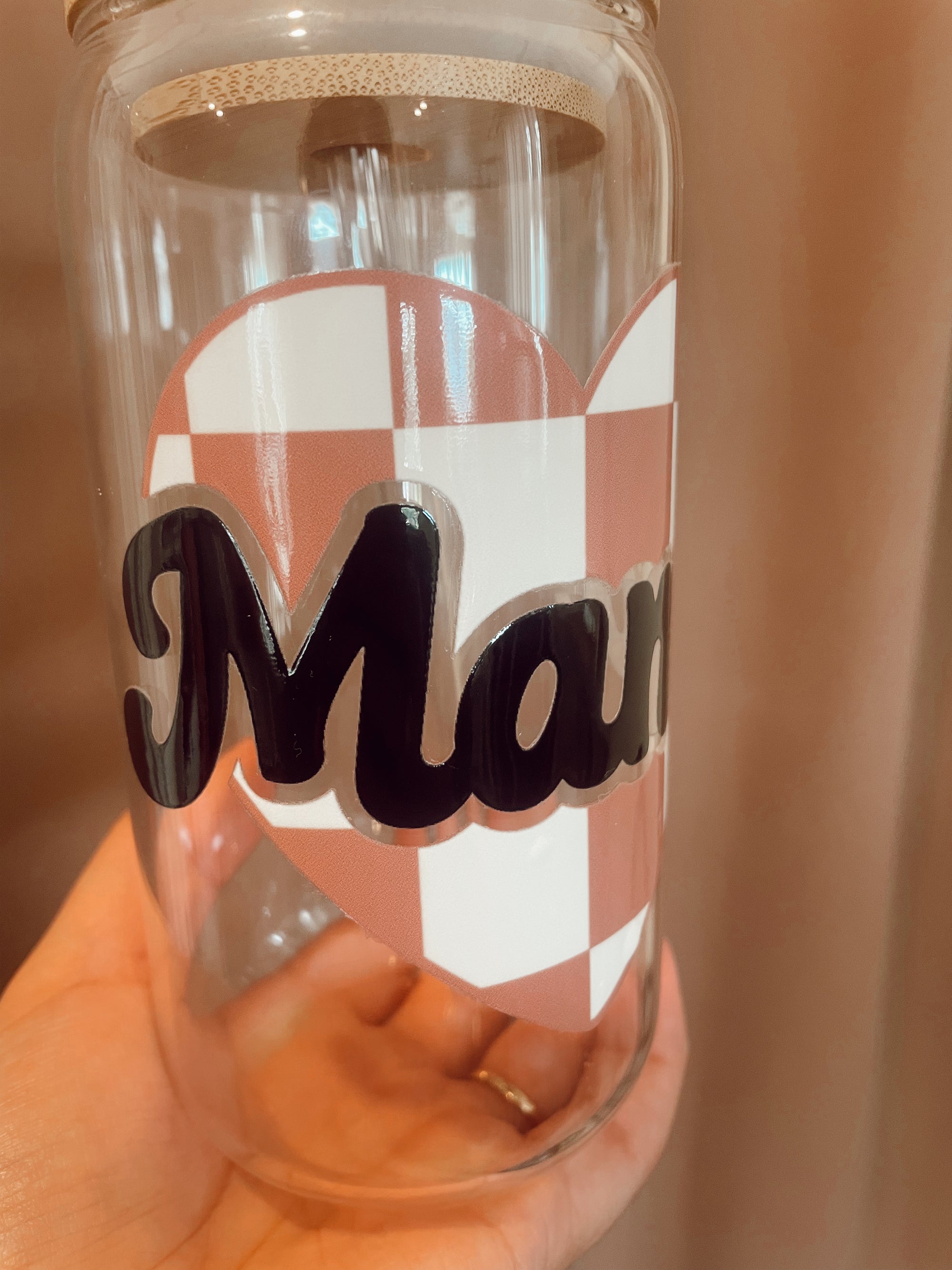 Checkered Heart Mama Glass Cup