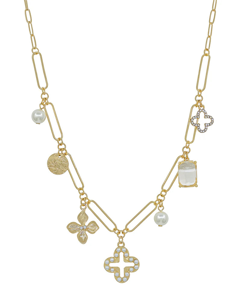 Paperclip Clover Charm Necklace + Earrings Set / Gold