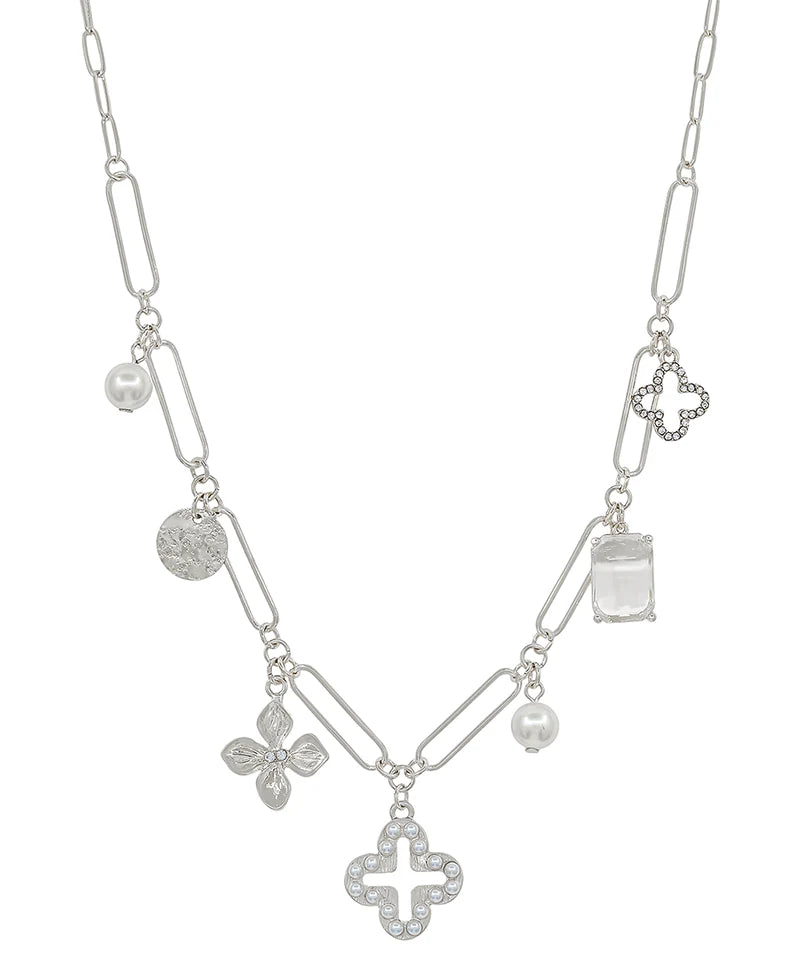 Paperclip Clover Charm Necklace + Earrings Set / Silver